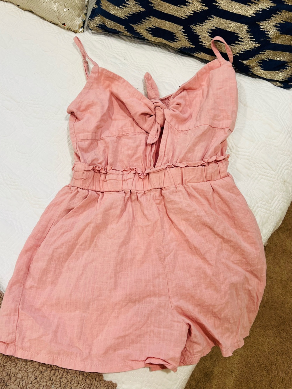 Pink Linen Blend Sleeveless Romper with Waist Ruching